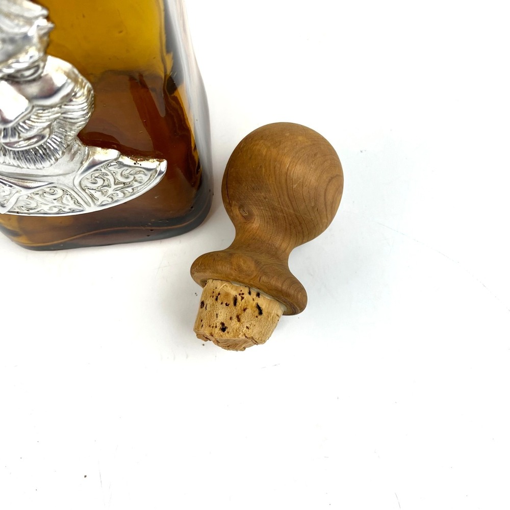 Amber Liquor Bottle of Sancho Panza Wood Cork Top Empty Nickel Silver Relief 12" - Picture 7 of 9